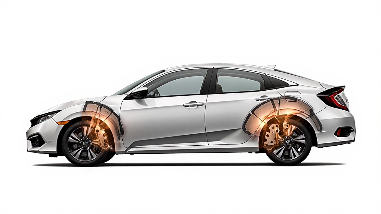Transparent brake system diagram showing front and rear pad thickness comparison on a Honda Civic.