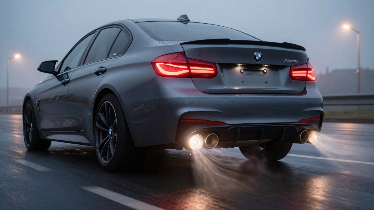 A BMW 328i at dusk with visible exhaust sound ripples, glowing high-flow catalytic converter beneath, soft streetlights around.