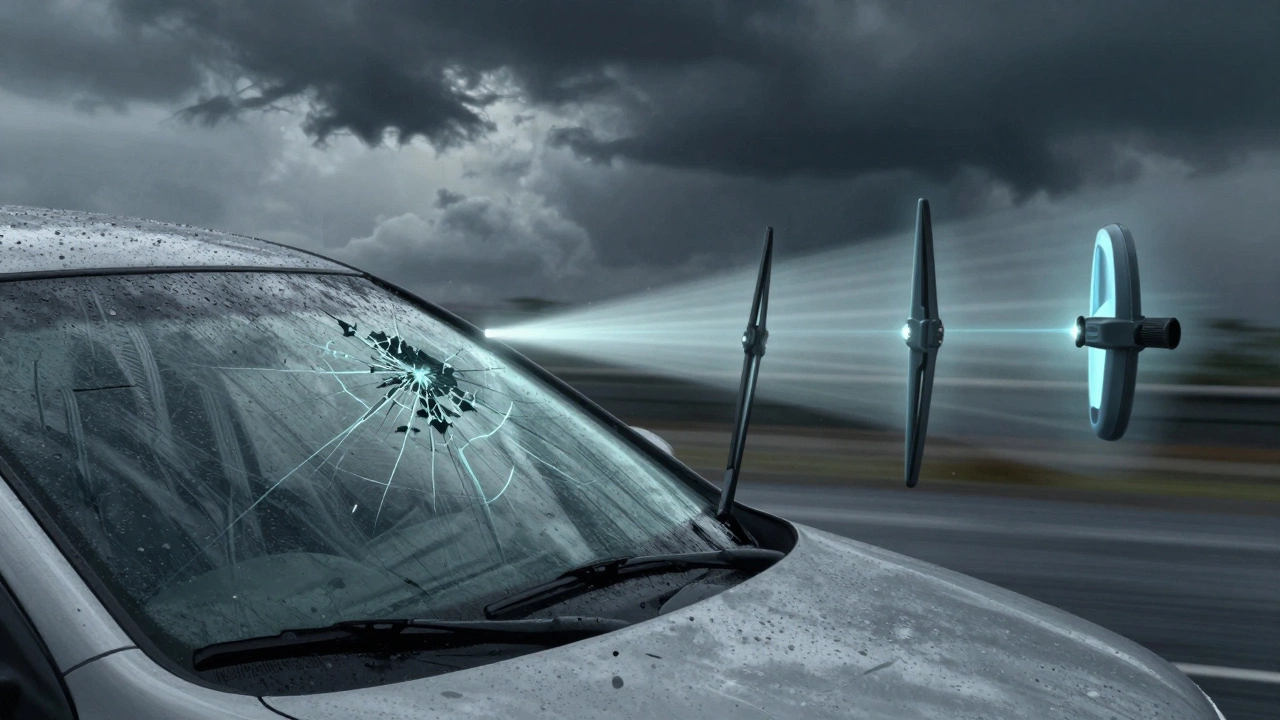 A car windshield with streaked rain and a wiper blade flying off, while three correct blades hover safely beside it.
