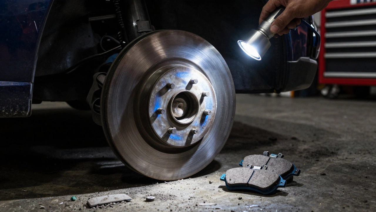 A damaged brake rotor showing grooves and heat discoloration under a flashlight.