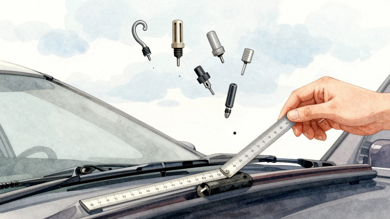 A person measuring a windshield wiper blade with a ruler, floating icons of connector types above.