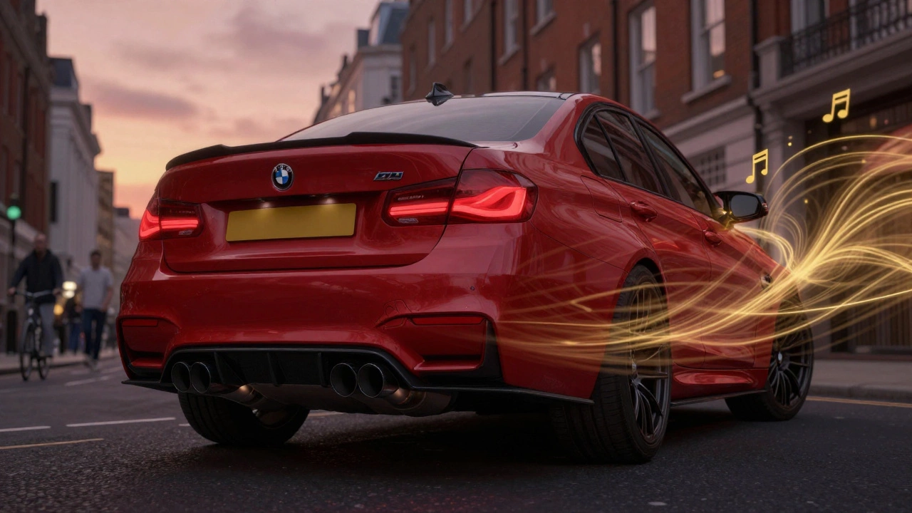 BMW M3 with titanium exhaust emitting smooth sonic waves in dusk urban setting.