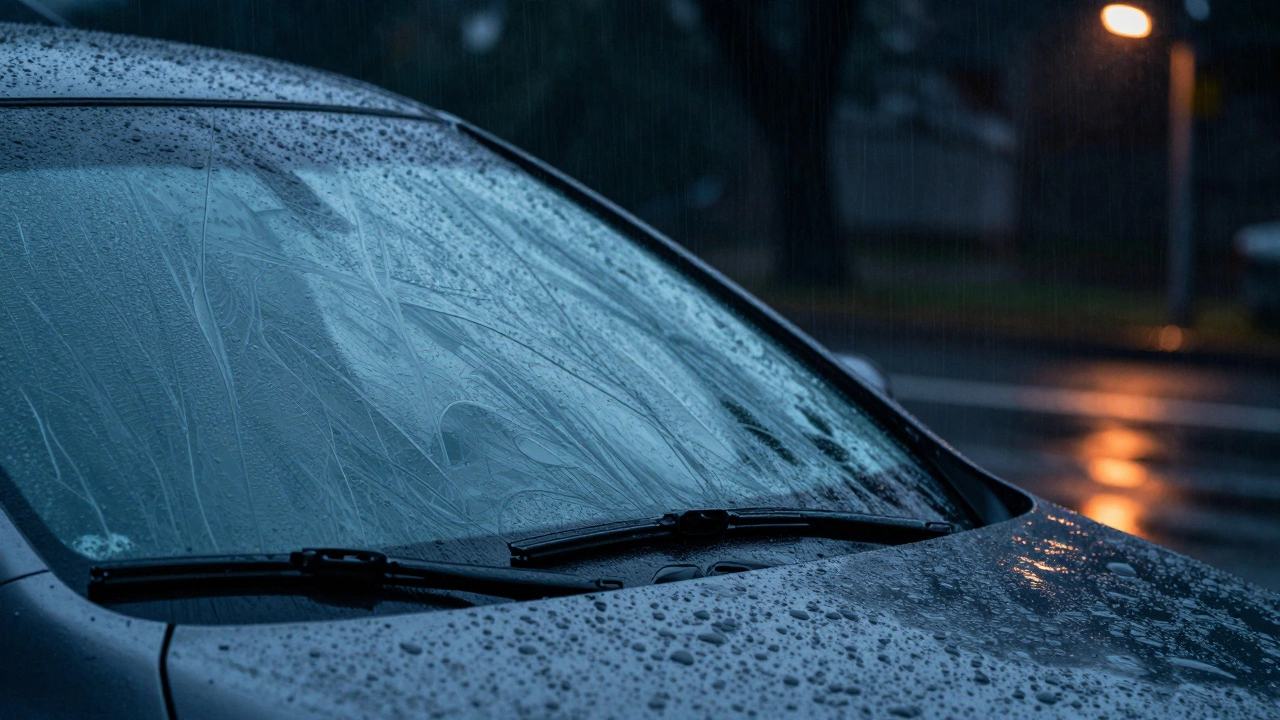 Car windshield during heavy rain with clean wiper streaks, contrasting faded smears in the background.