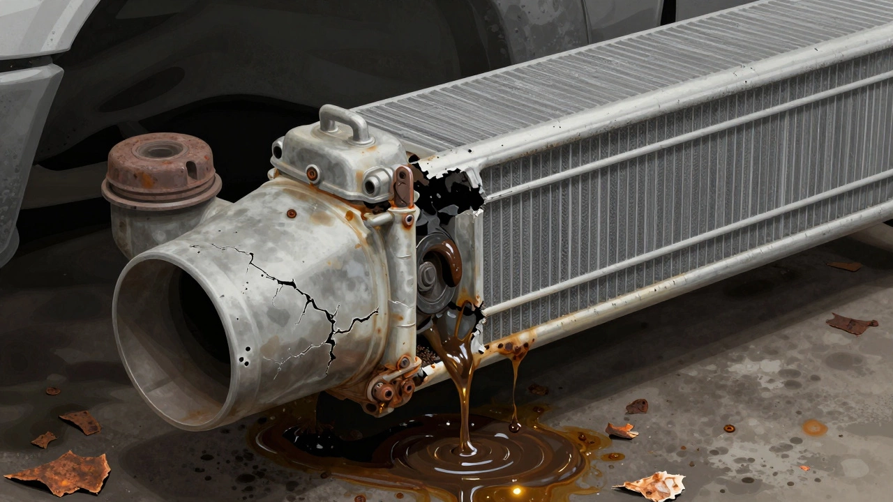 Close-up of corroded radiator with sludge and cracked plastic tanks