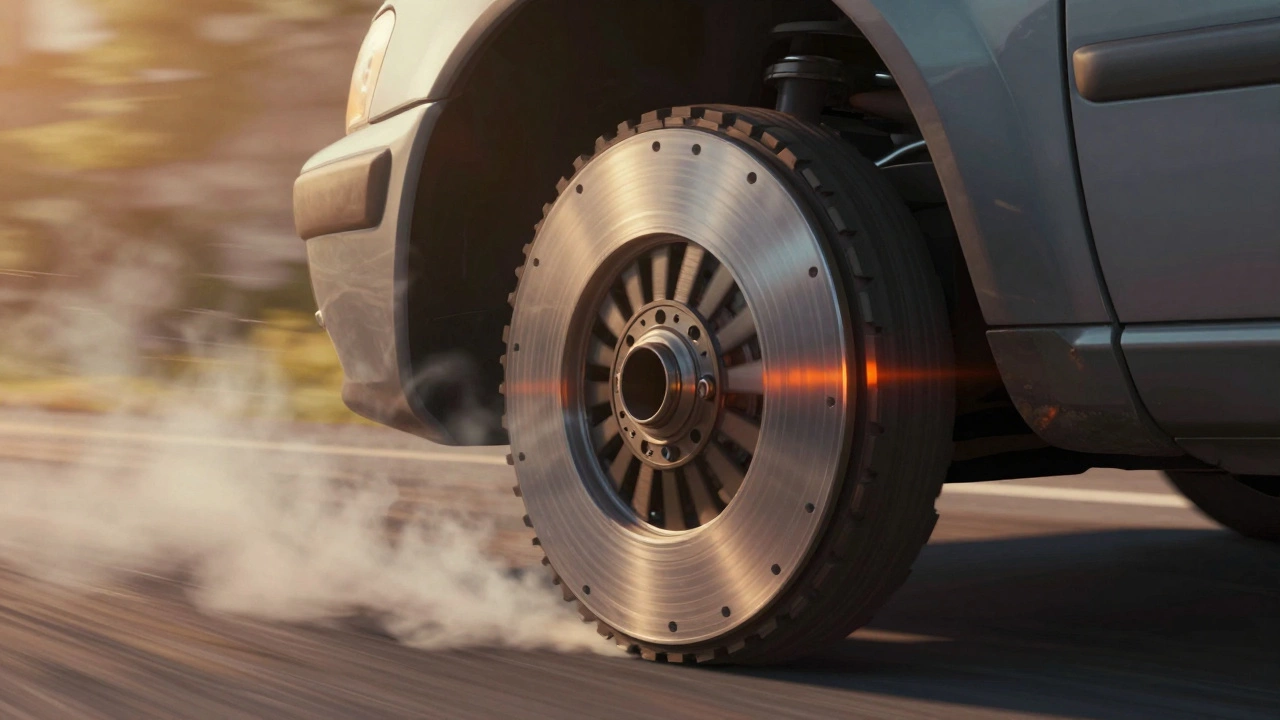 Clutch disc slipping between flywheel and pressure plate, glowing from overheating during uphill acceleration.