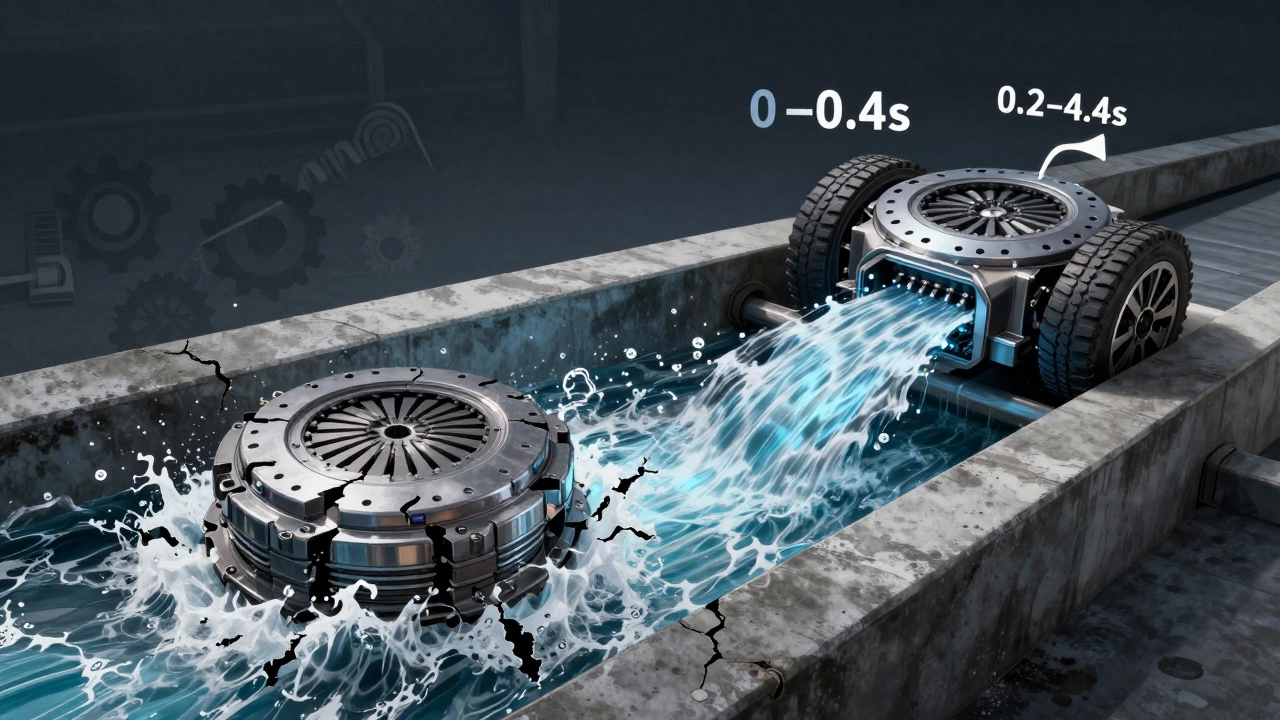 Conceptual diagram showing power flow from a leaking dam (stock clutch) to a reinforced spillway (upgraded clutch).
