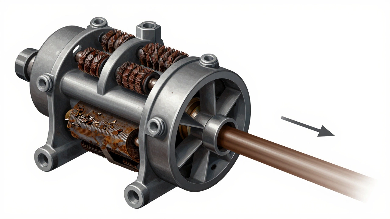 Cross-section of a failing fuel pump showing worn brushes, cracked impeller, and clogged strainer.