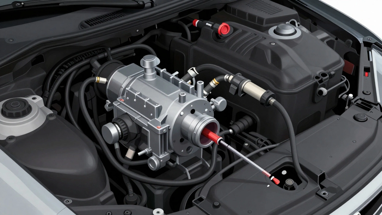 Cross-section of car fuel system with broken line showing no fuel pressure.
