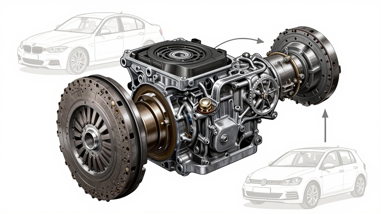 Cross-sectional diagram of clutch components aligned between engine and transmission