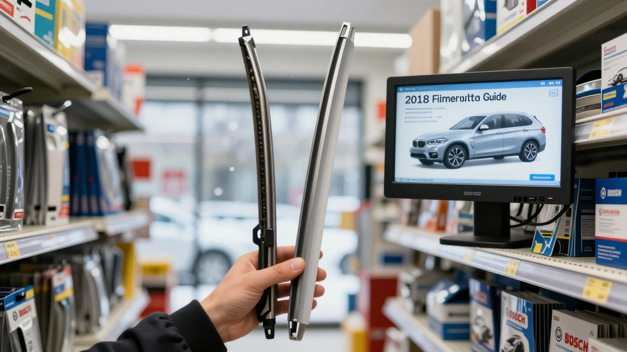 Customer comparing conventional and beam wiper blades in an auto parts store.