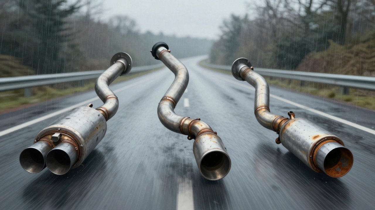 Diagram comparing three exhaust types: cat-back, full system, and rusting mild steel.