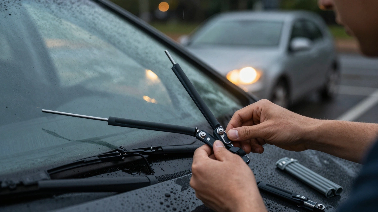 Driver installing new wiper blades on a car at dusk with rain falling gently.