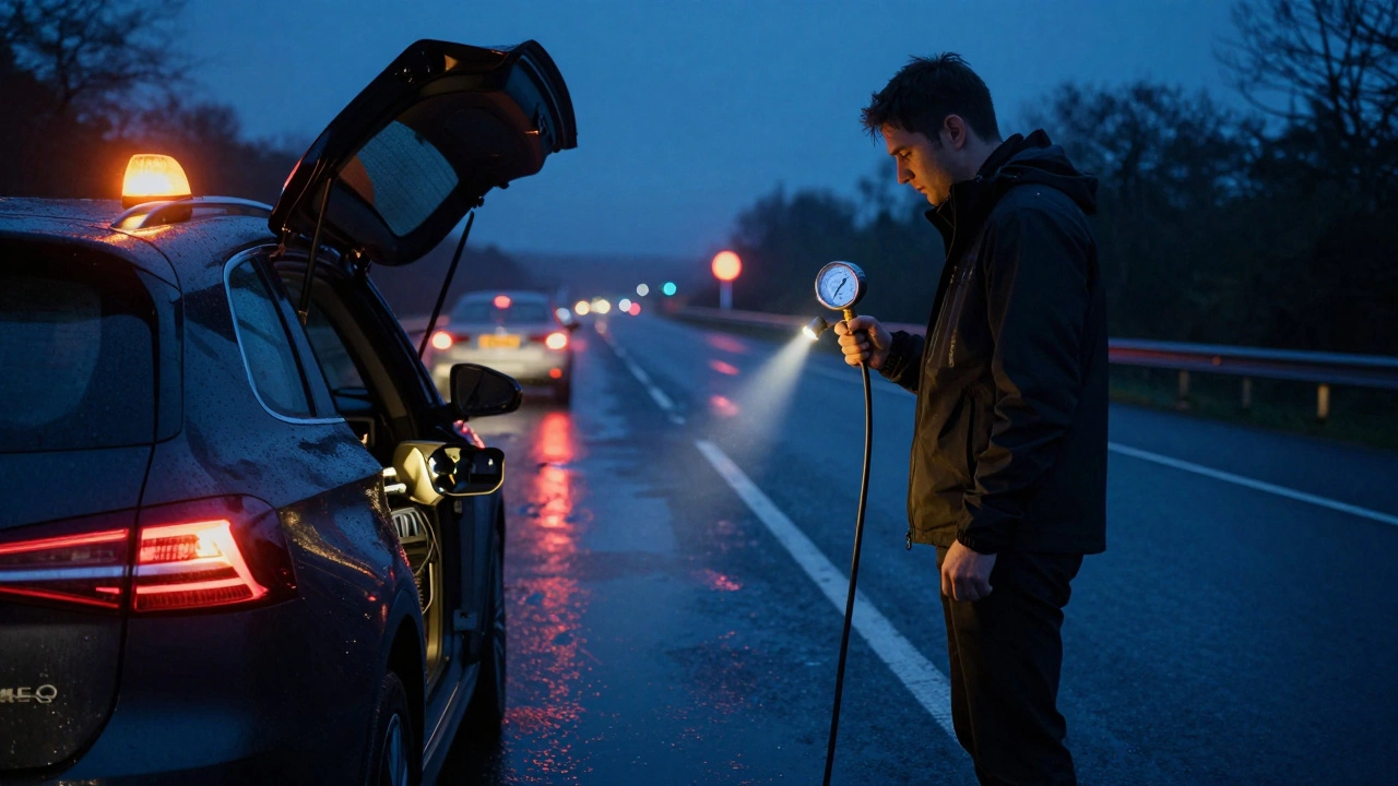 Driver testing fuel pressure on a dark motorway, gauge reads low, hazard lights glowing in rain.