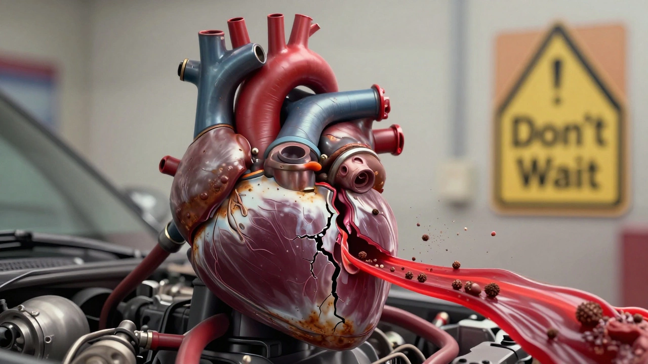 Engine depicted as a failing heart with fuel pump as a damaged valve and clogged arteries.