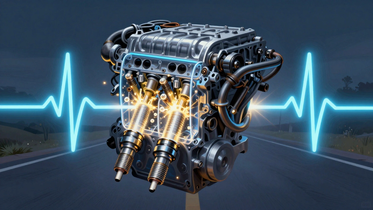 Engine with spark plugs glowing like heartbeats, fuel igniting in golden bursts