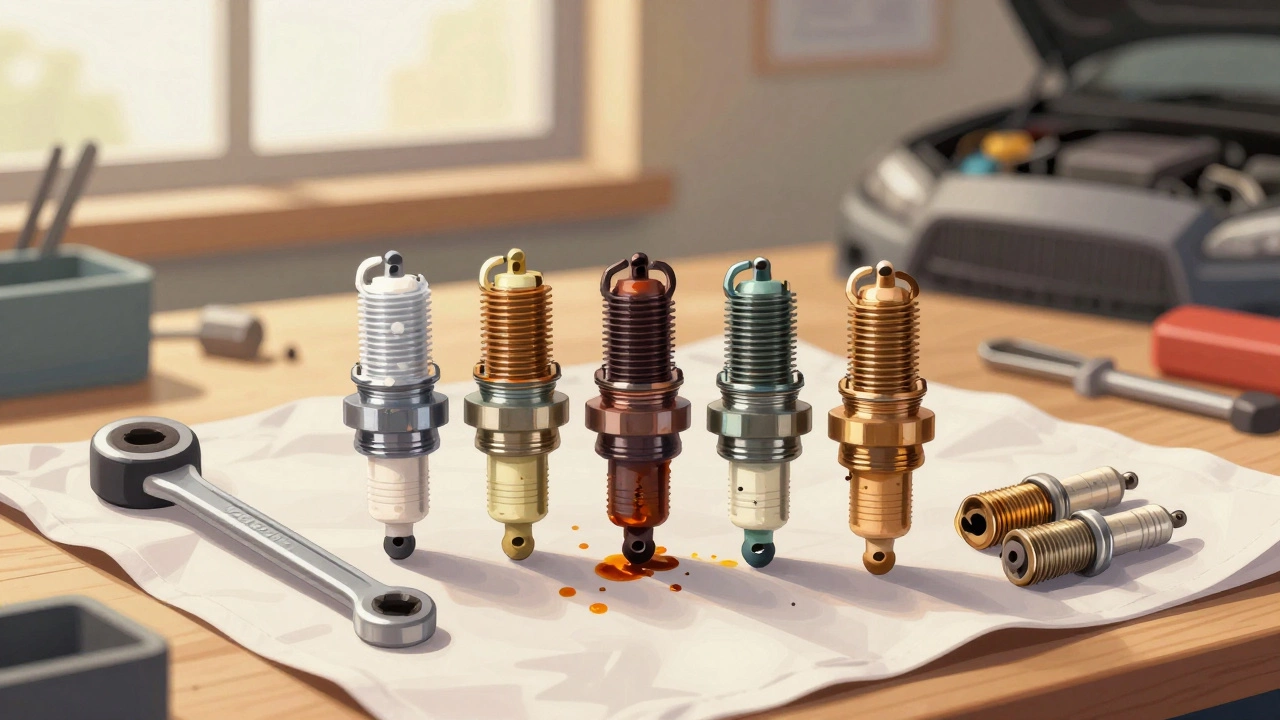 Four spark plugs displayed with different failure signs beside new replacements