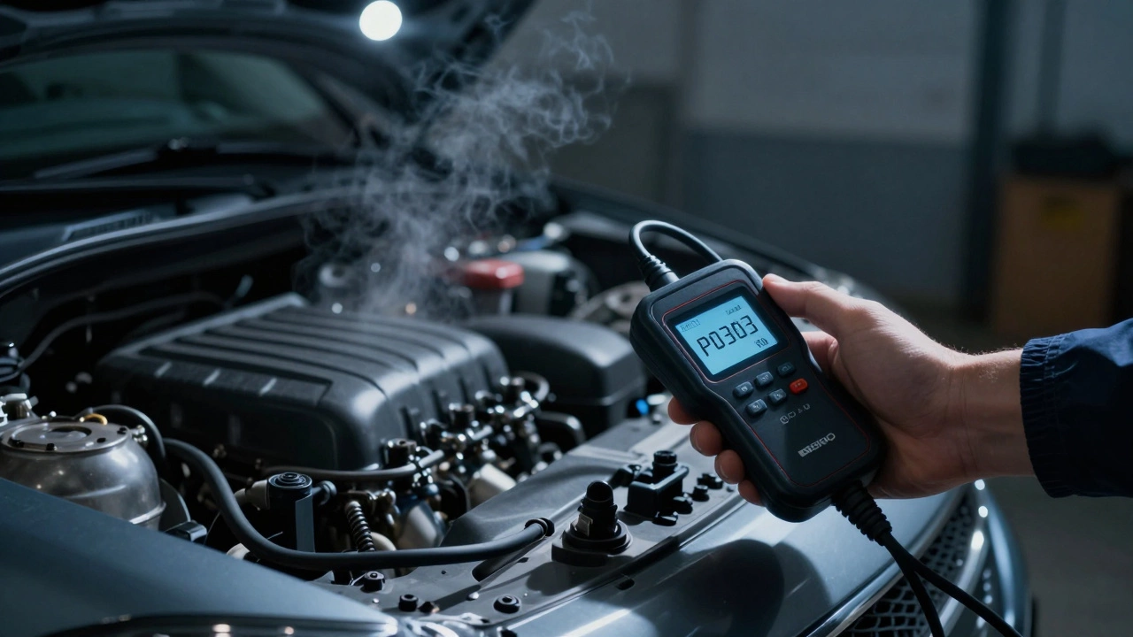 Hand holding OBD2 scanner showing P0303 misfire code on a cold engine