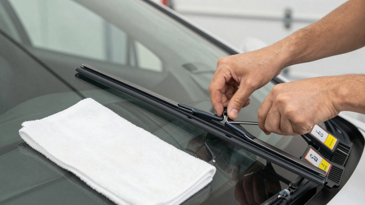 Hands installing new windshield wiper blades with a towel protecting the glass.