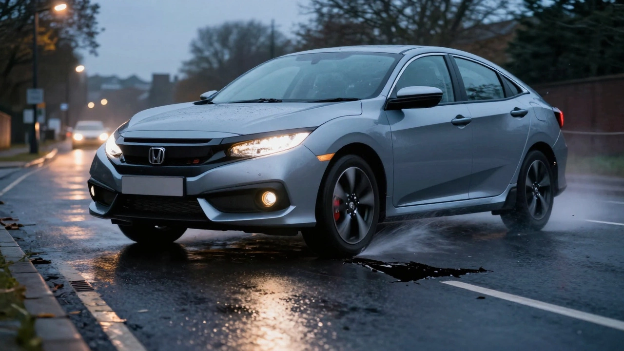 Honda Civic driving over a pothole at dusk, suspension compressing, wet road reflecting streetlights.