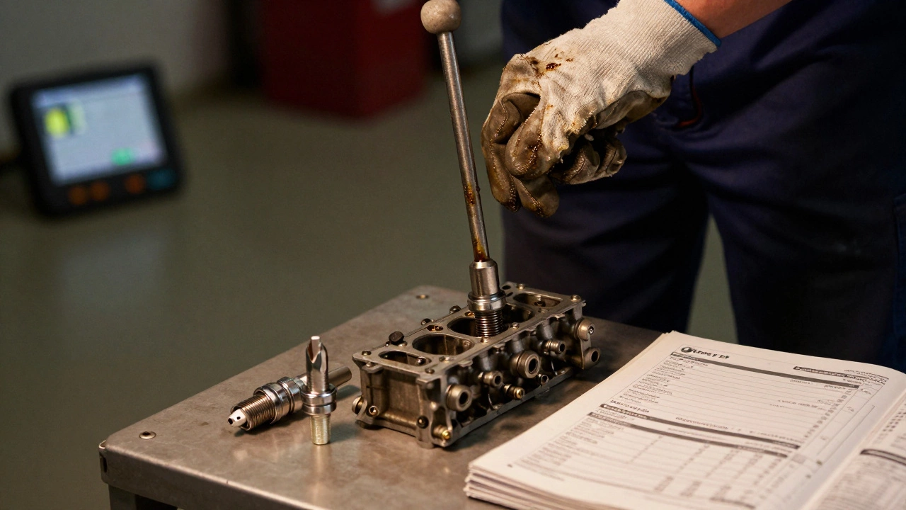 Mechanic installing a new spark plug with a torque wrench in a garage, owner’s manual visible.