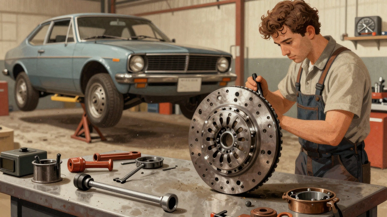 Mechanic installing a performance clutch kit in a garage with tools and flywheel on workbench.