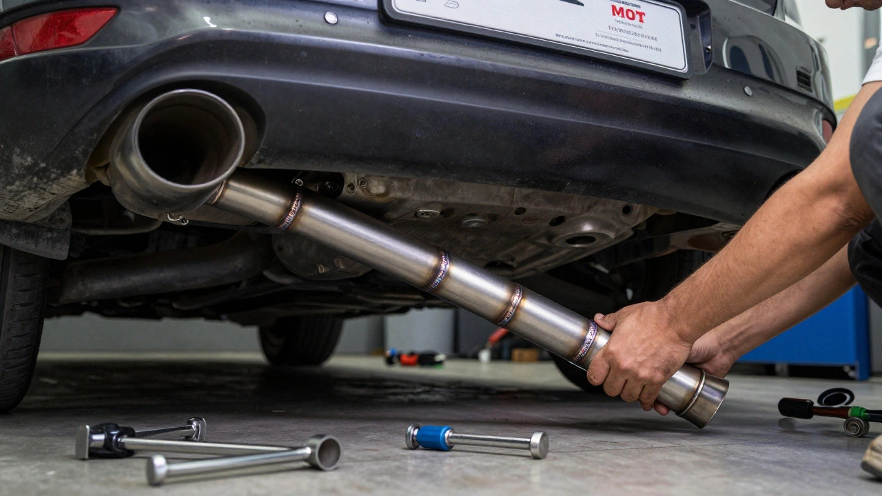 Mechanic installing a stainless steel exhaust on a family car, MOT certificate on the wall.