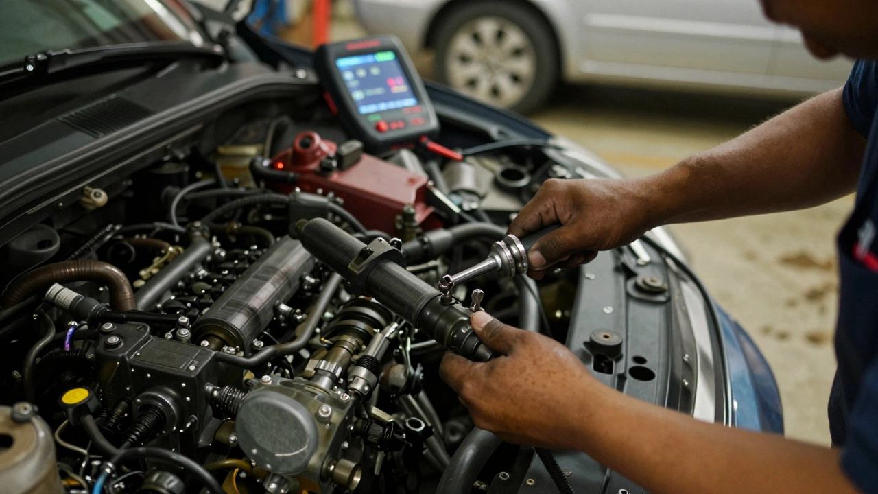 Mechanic removing ignition coil from car engine in well-lit garage