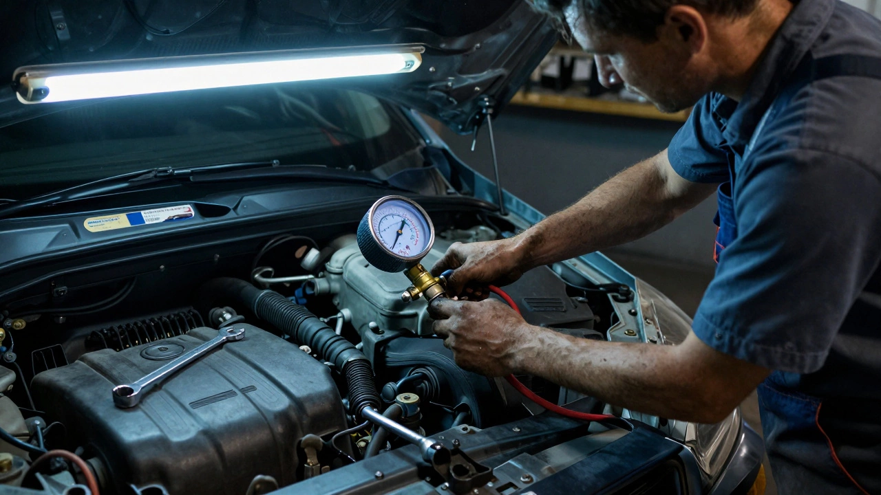 Mechanic testing fuel pressure on a car engine in a garage with gauge showing low psi.