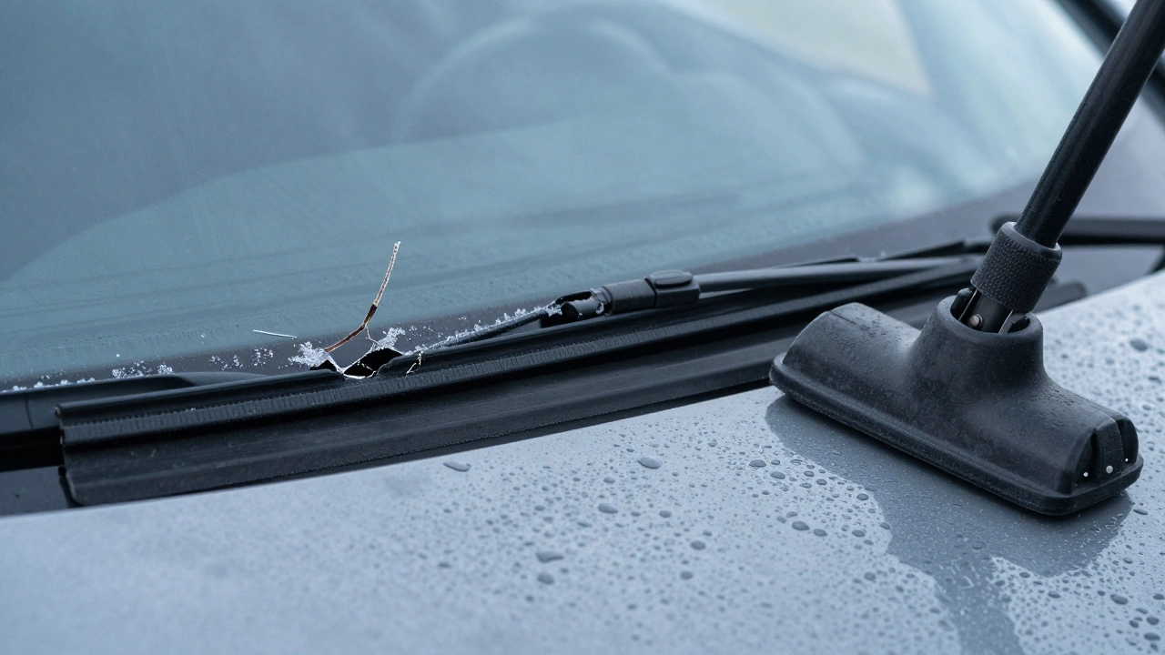 Side-by-side comparison of damaged and new wiper blades on a windscreen.