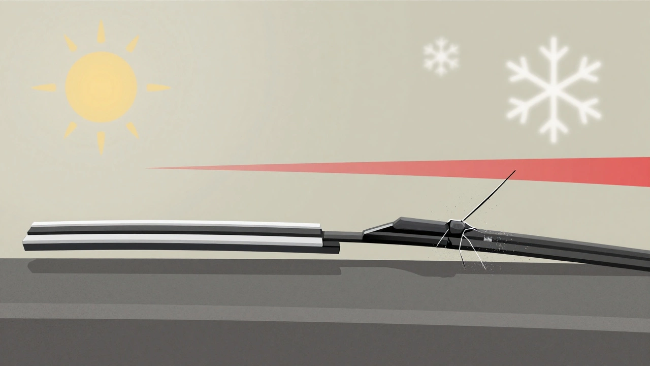 Side-by-side comparison of new and worn windshield wiper blades showing degradation.