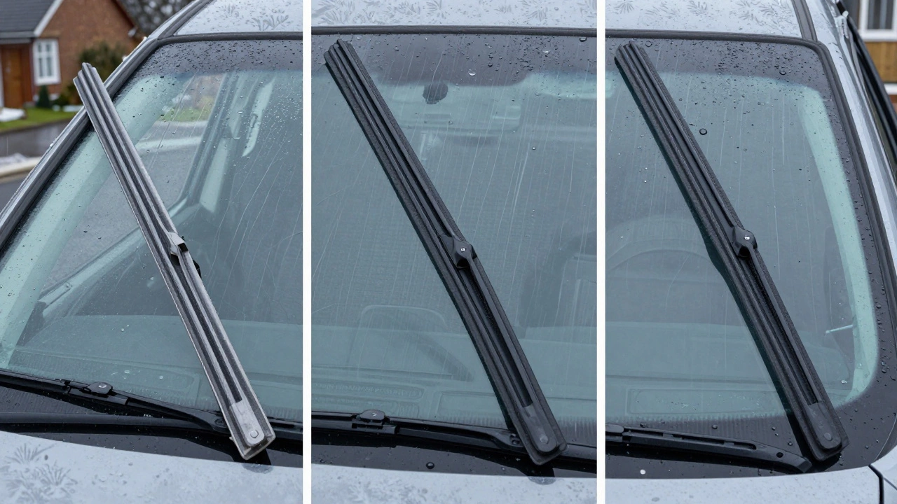 Side-by-side comparison of three types of windshield wiper blades on a rainy windshield.