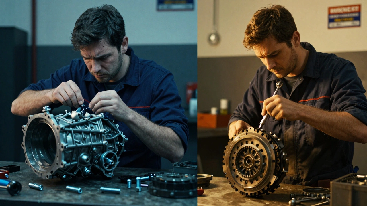 Split-screen contrast: frustrated DIYer vs. skilled mechanic installing clutch