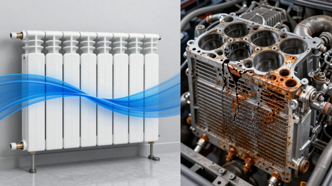 Split-screen of clean vs clogged radiator leading to engine damage