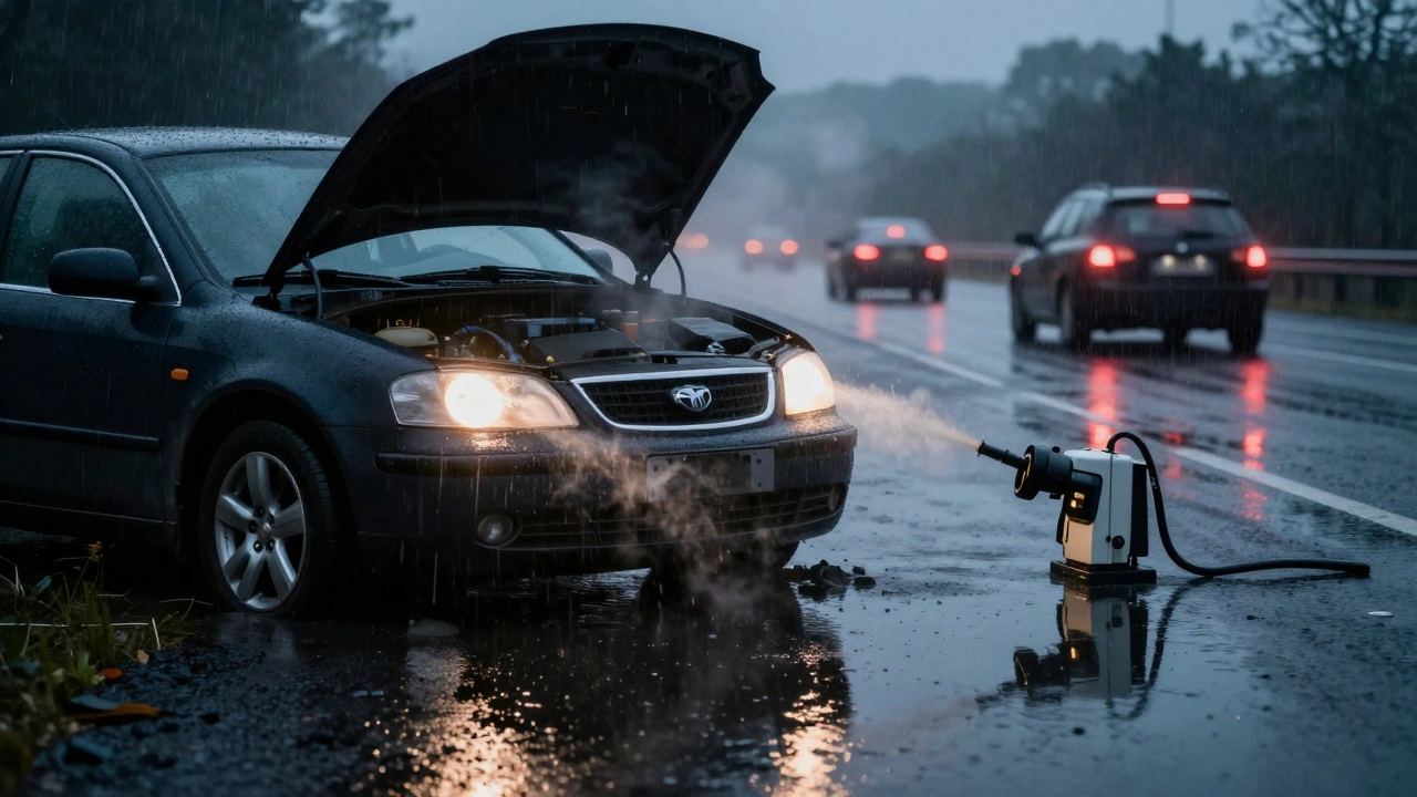 Stranded car on rainy motorway at dusk with steam rising from the hood.