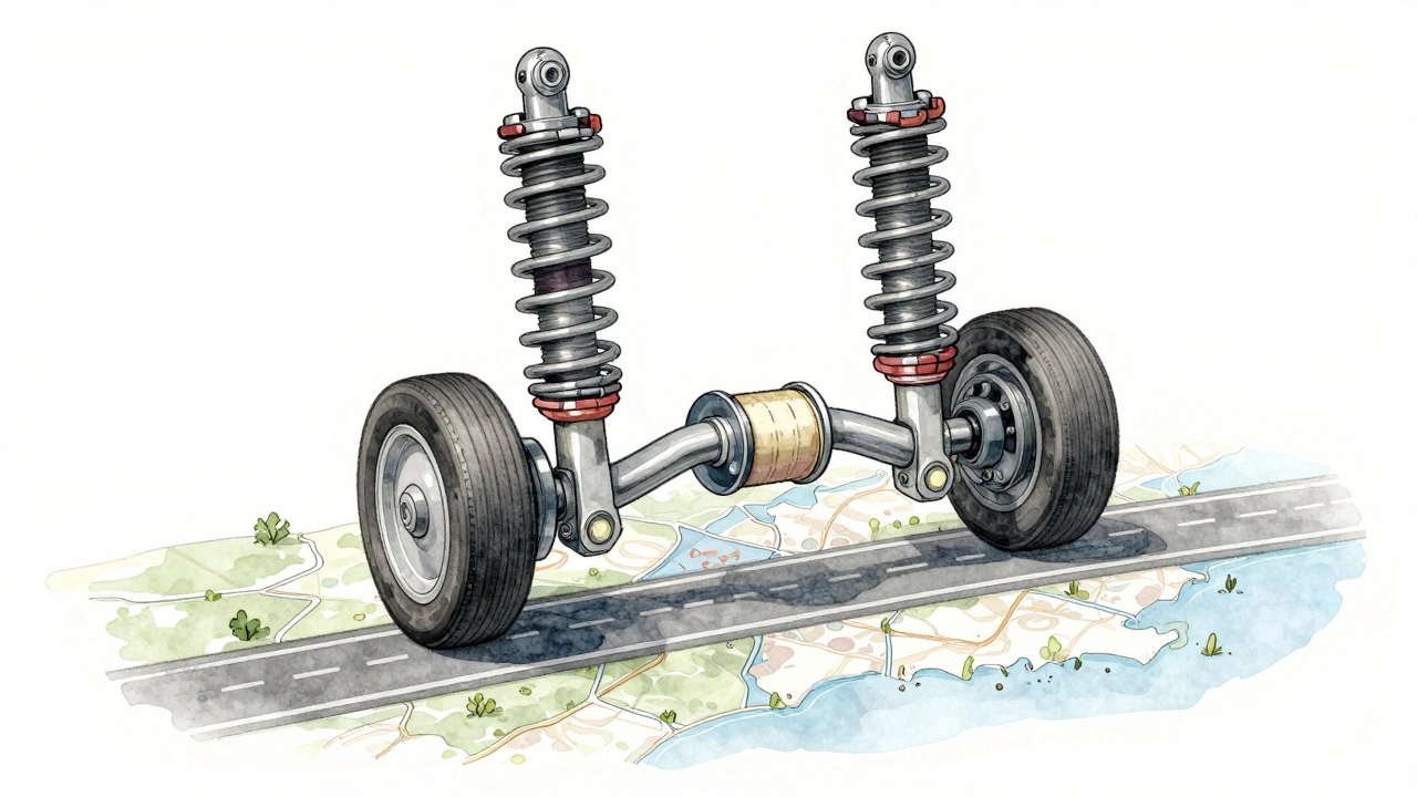 Suspension system illustrated as human anatomy with tendons, muscles, and joints in watercolor style.