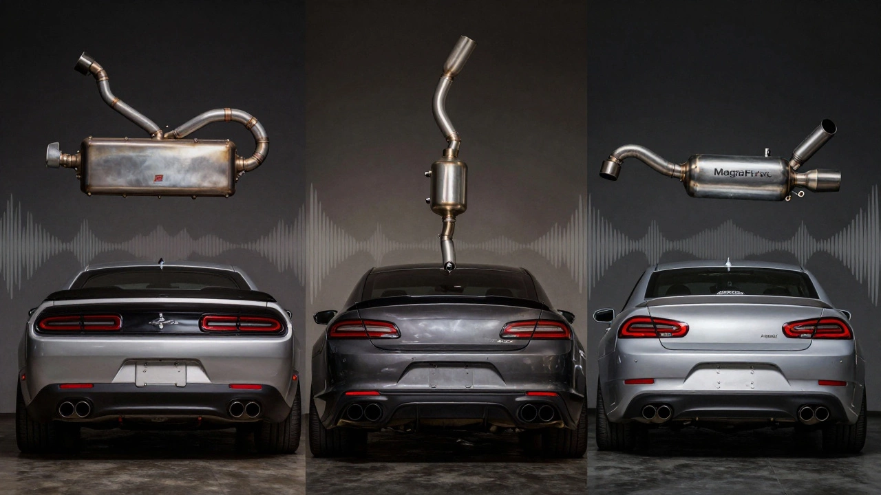 Three types of mufflers side by side, each matched to a different car type under soft lighting.