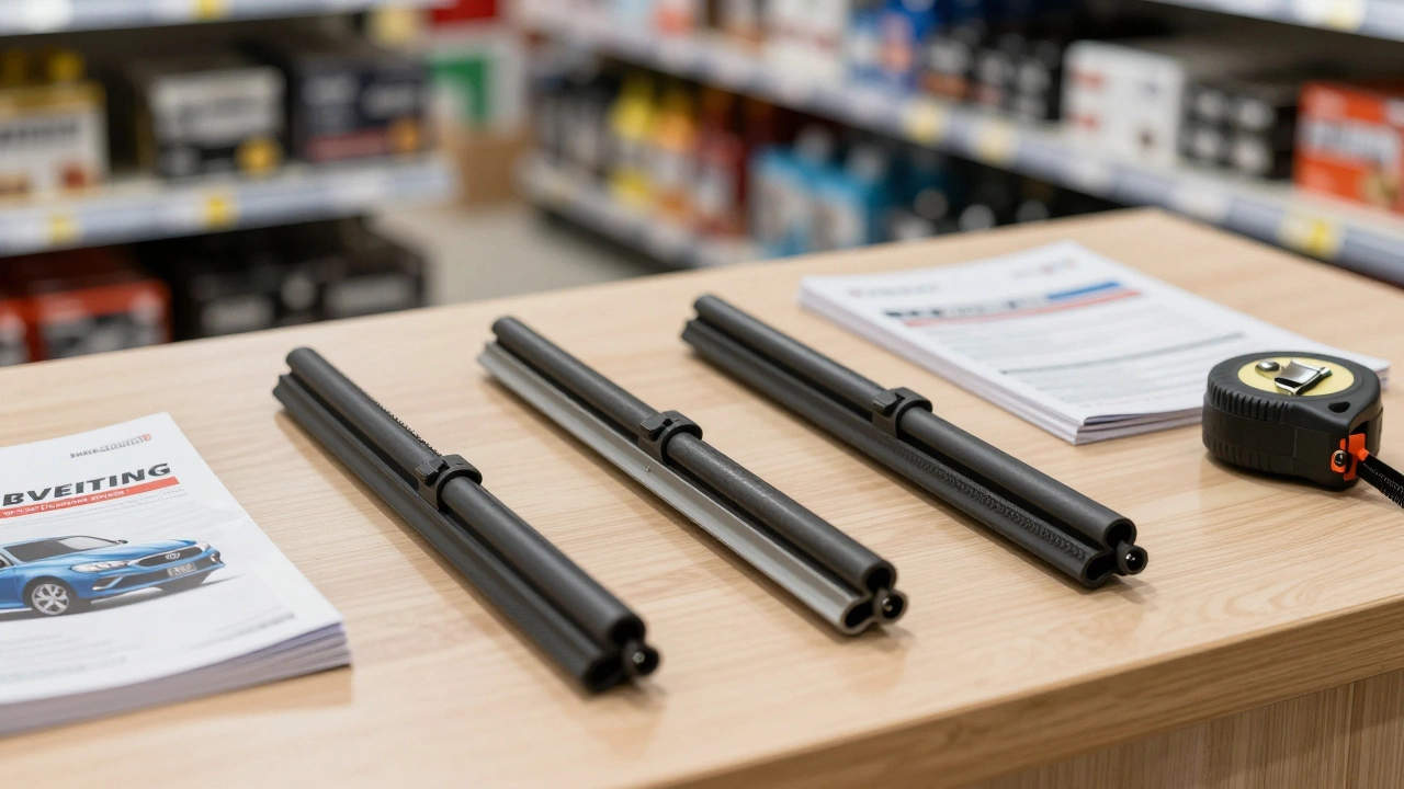 Three types of wiper blades displayed with a car manual and tape measure on a store counter.