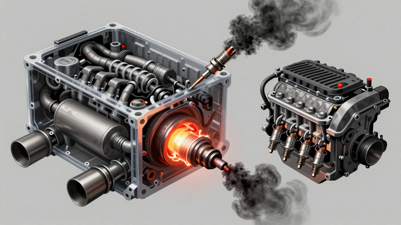 Transparent engine showing a faulty spark plug causing soot and melting catalytic converter.