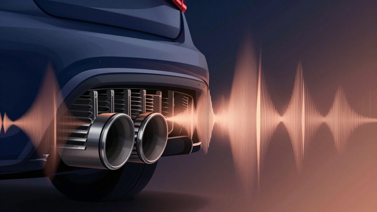 Visual representation of low-frequency sound waves expanding from a performance muffler, with high frequencies being absorbed.
