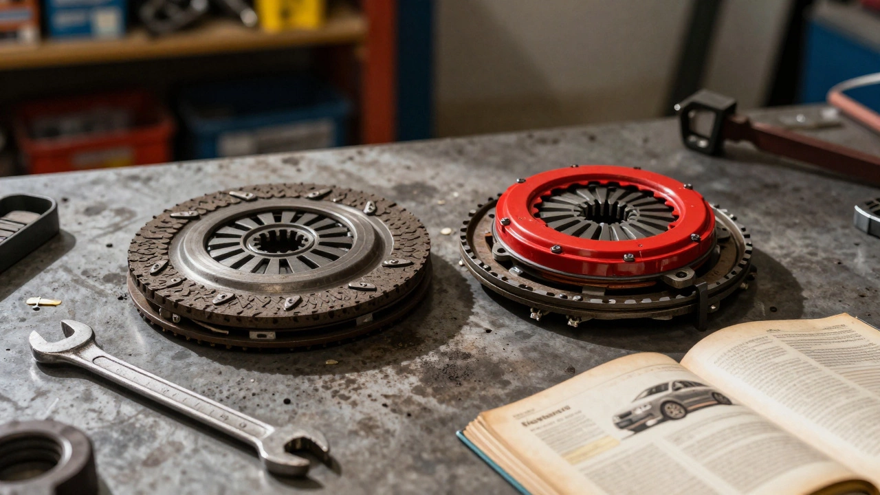 Worn clutch disc next to a new one on a mechanic's workbench with tools and manual.