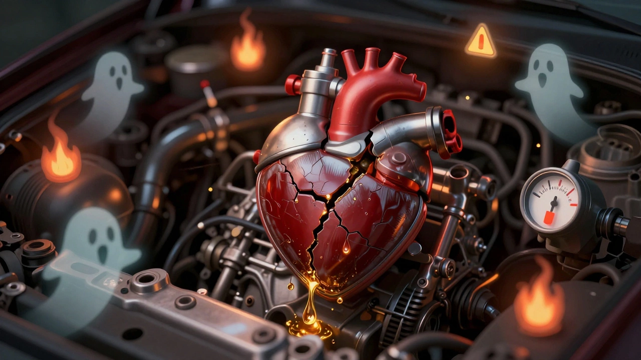 A car engine with a cracked fuel pump heart leaking fuel, surrounded by warning symbols of failure.