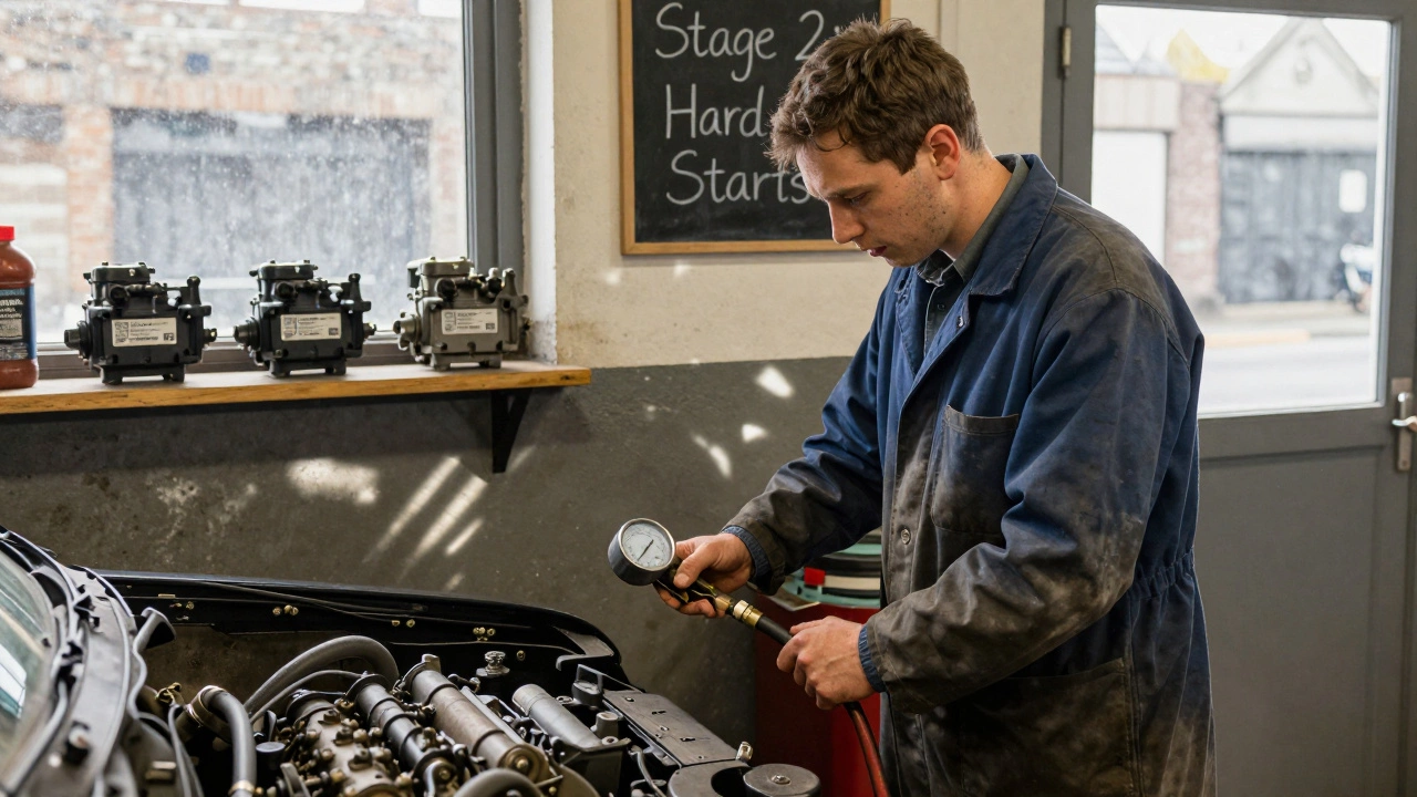 A mechanic testing fuel pressure in a UK garage, with replacement fuel pumps on a shelf behind him.