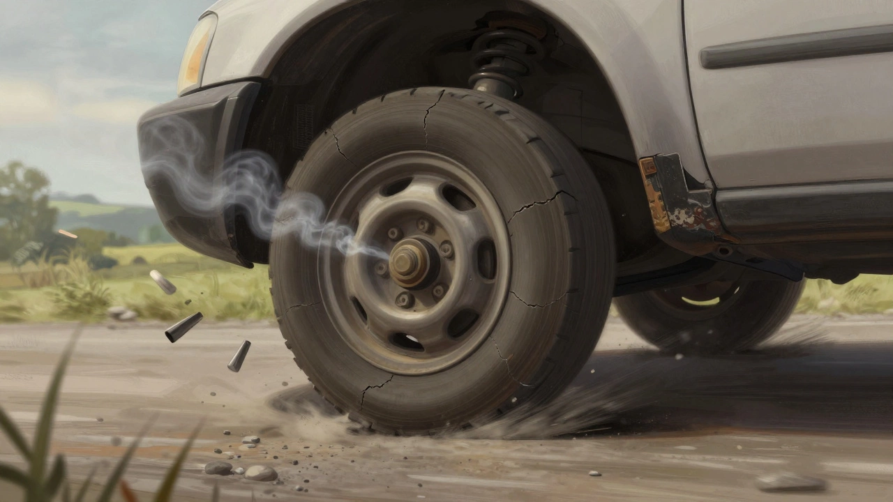 Car bouncing violently on gravel road with cracked bushings and gas escaping from shock.