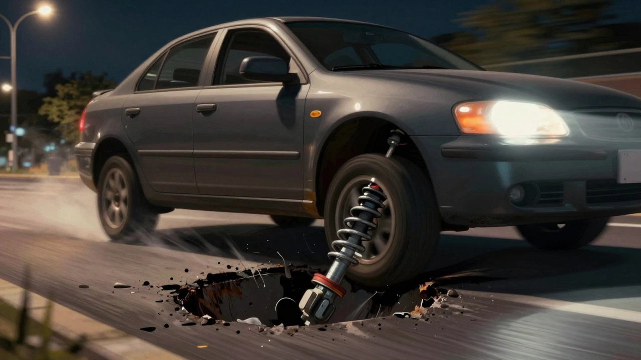 Car driving over a pothole at night with visible suspension components straining under stress.