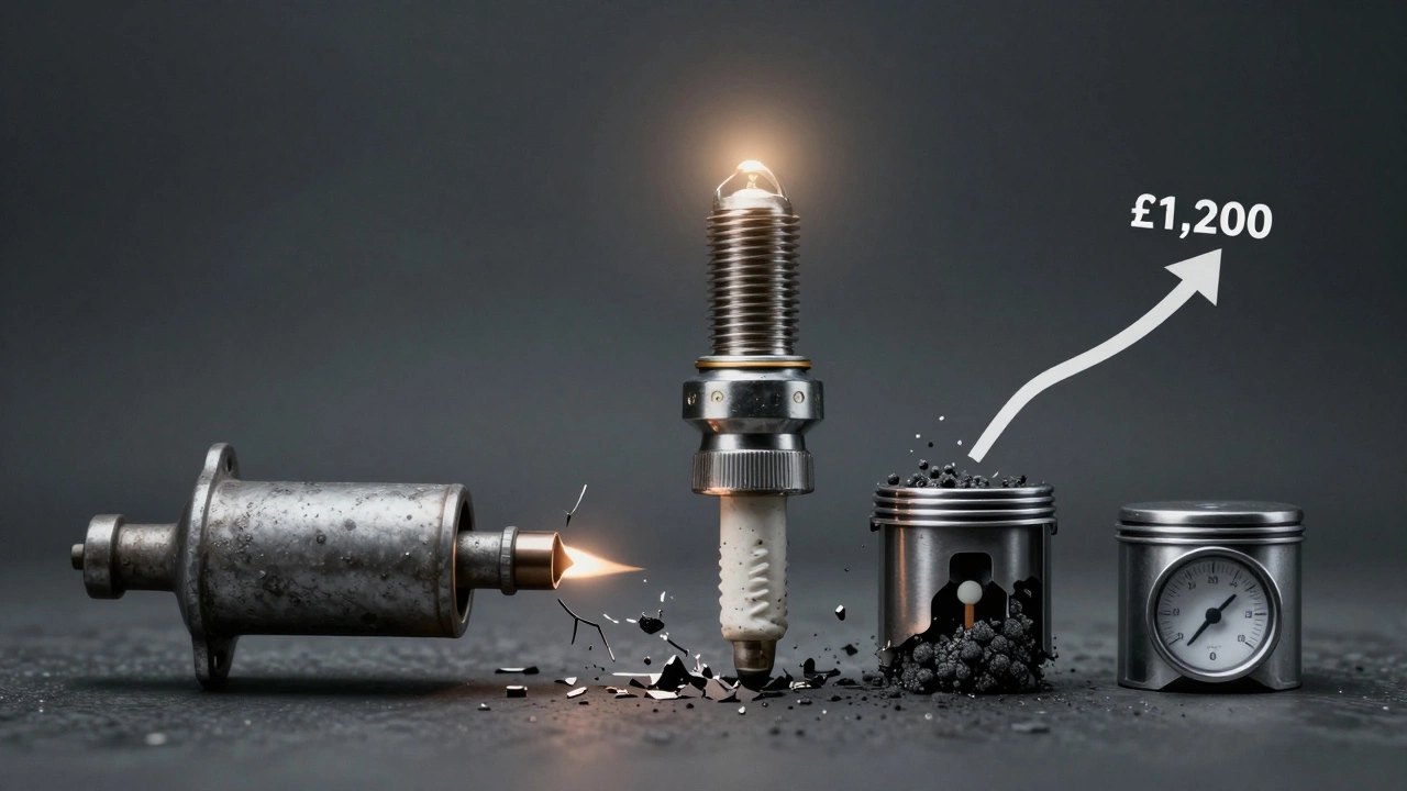 Chain reaction diagram showing how worn spark plugs lead to costly engine damage, with one glowing new plug preventing it.