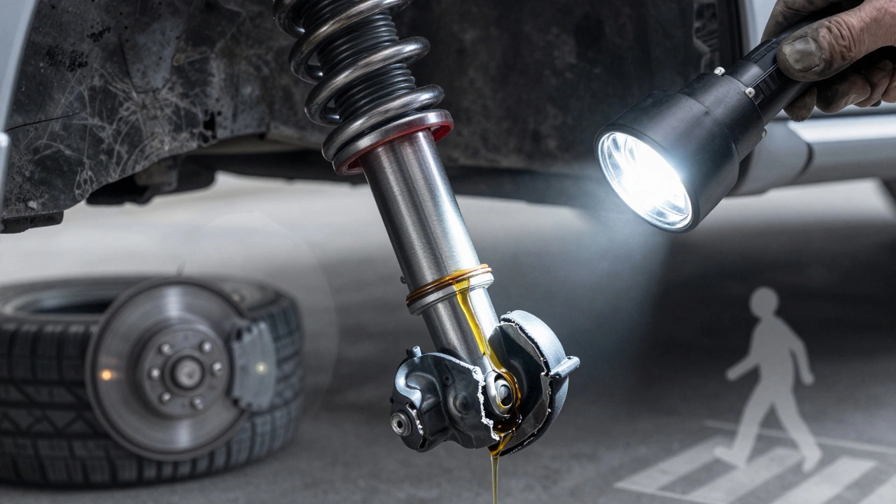 Close-up of leaking shock absorber with worn rubber mount under flashlight, hidden damage implied.