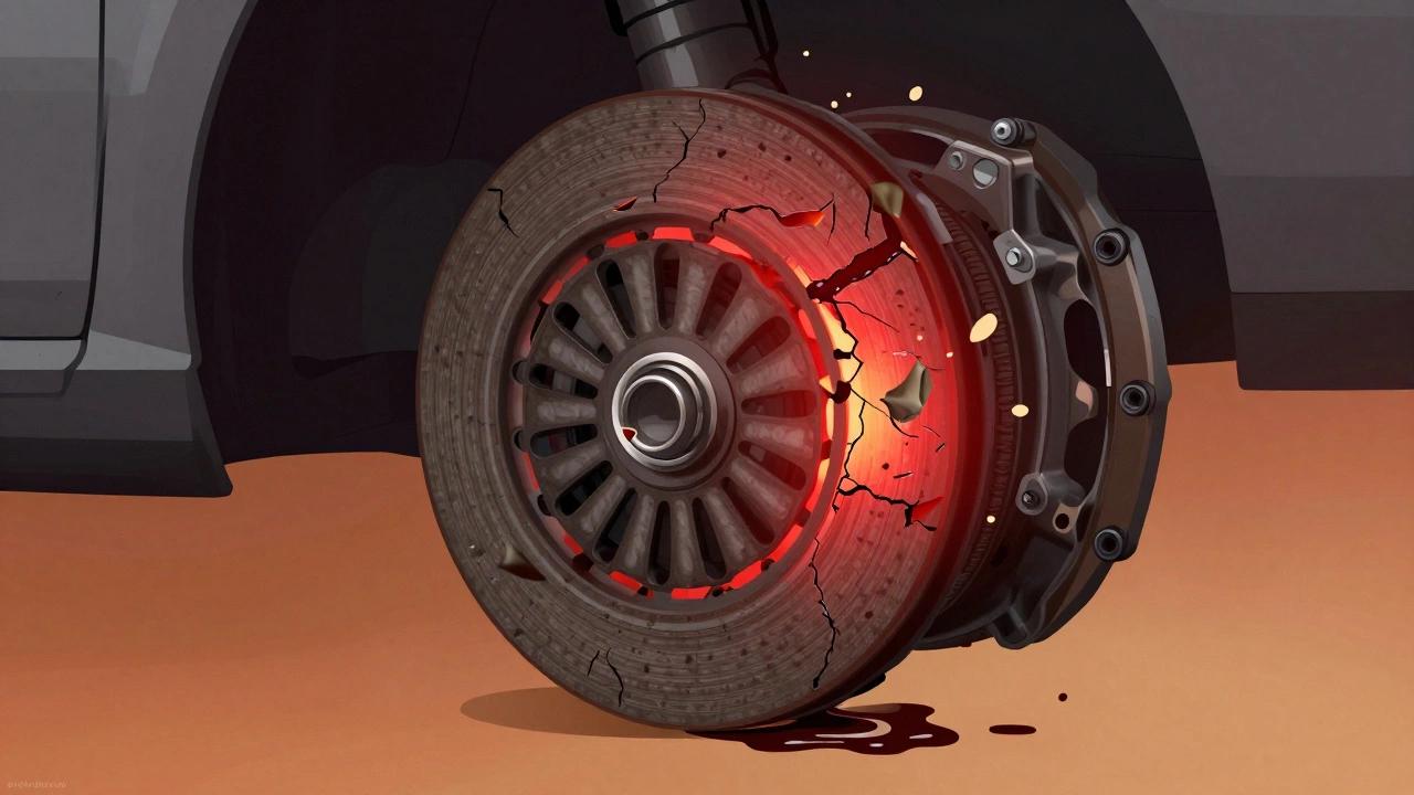 Cross-section of overheated clutch disc cracking and glowing, with warped flywheel and leaking fluid.