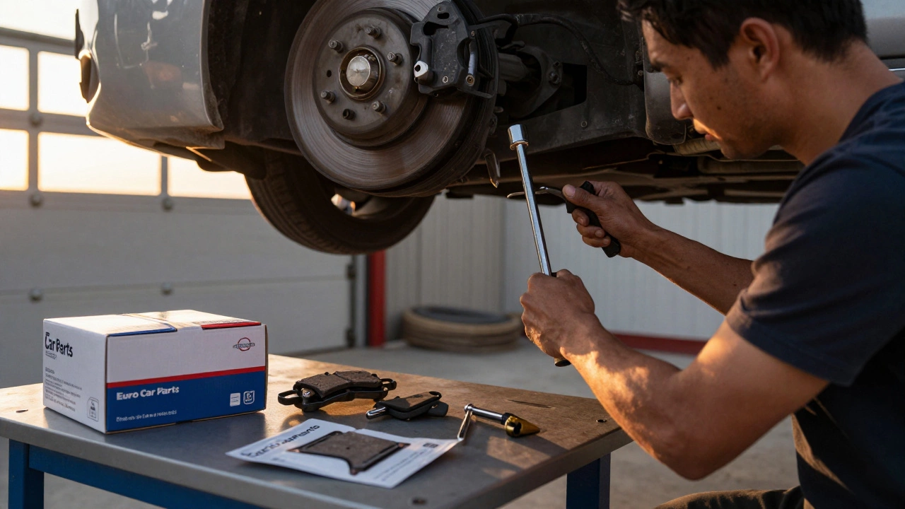 DIY person replacing brake pads on a Tesla Model Y at dusk with tools and online packaging nearby.