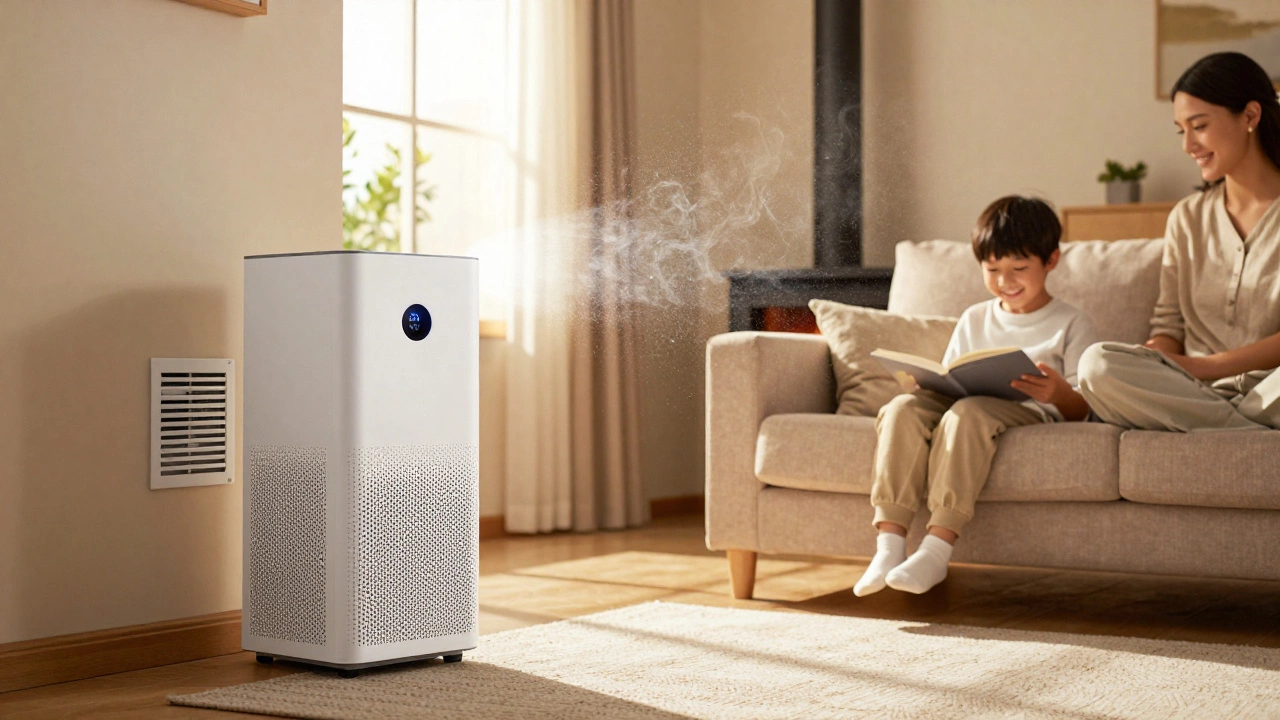 Family using a HEPA air purifier in a cozy living room, with MERV 11 filter in vent nearby.