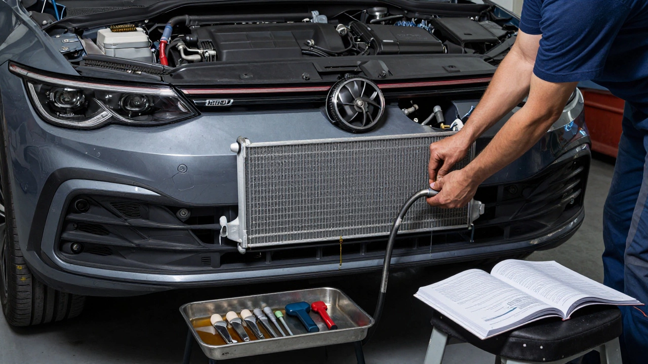 Hands disconnecting transmission lines from a buried radiator in a modern Volkswagen Golf.
